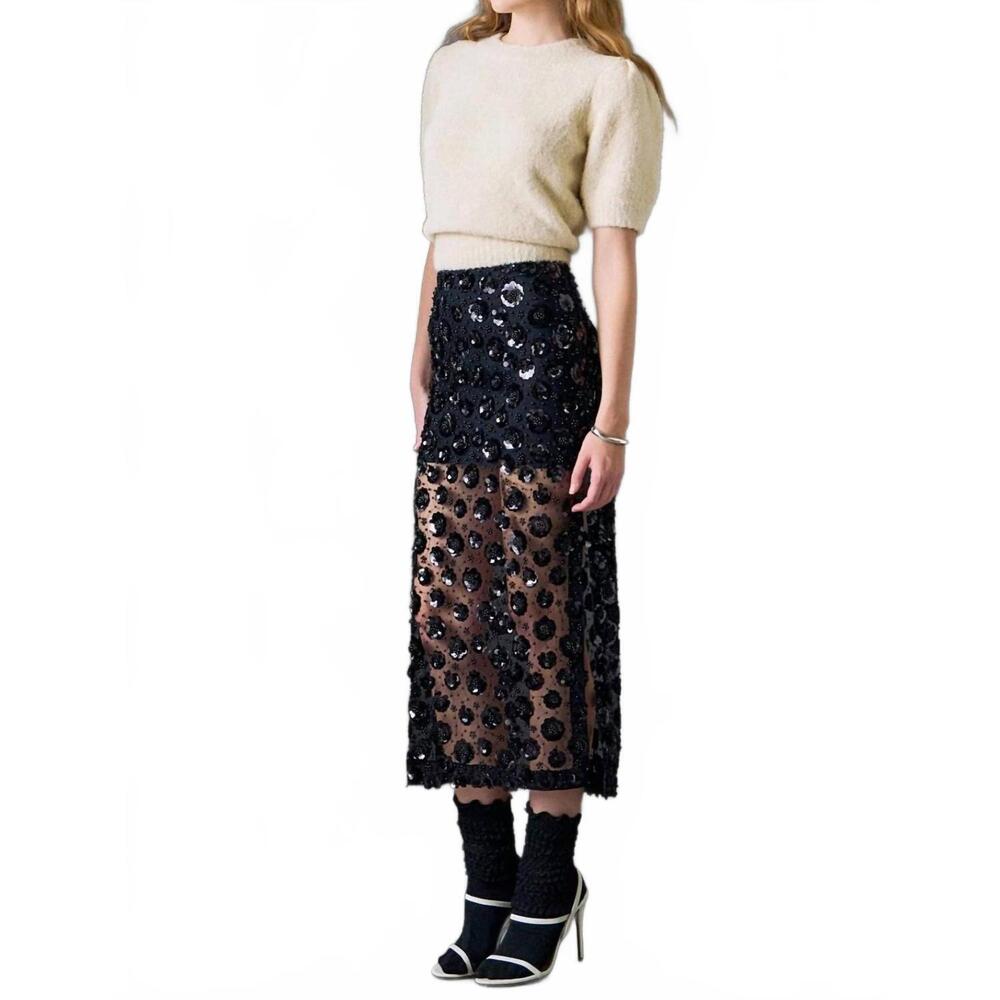 NEW ENGLISH FACTORY women's flower sequin sheer midi skirt in black - Picture 4 of 7